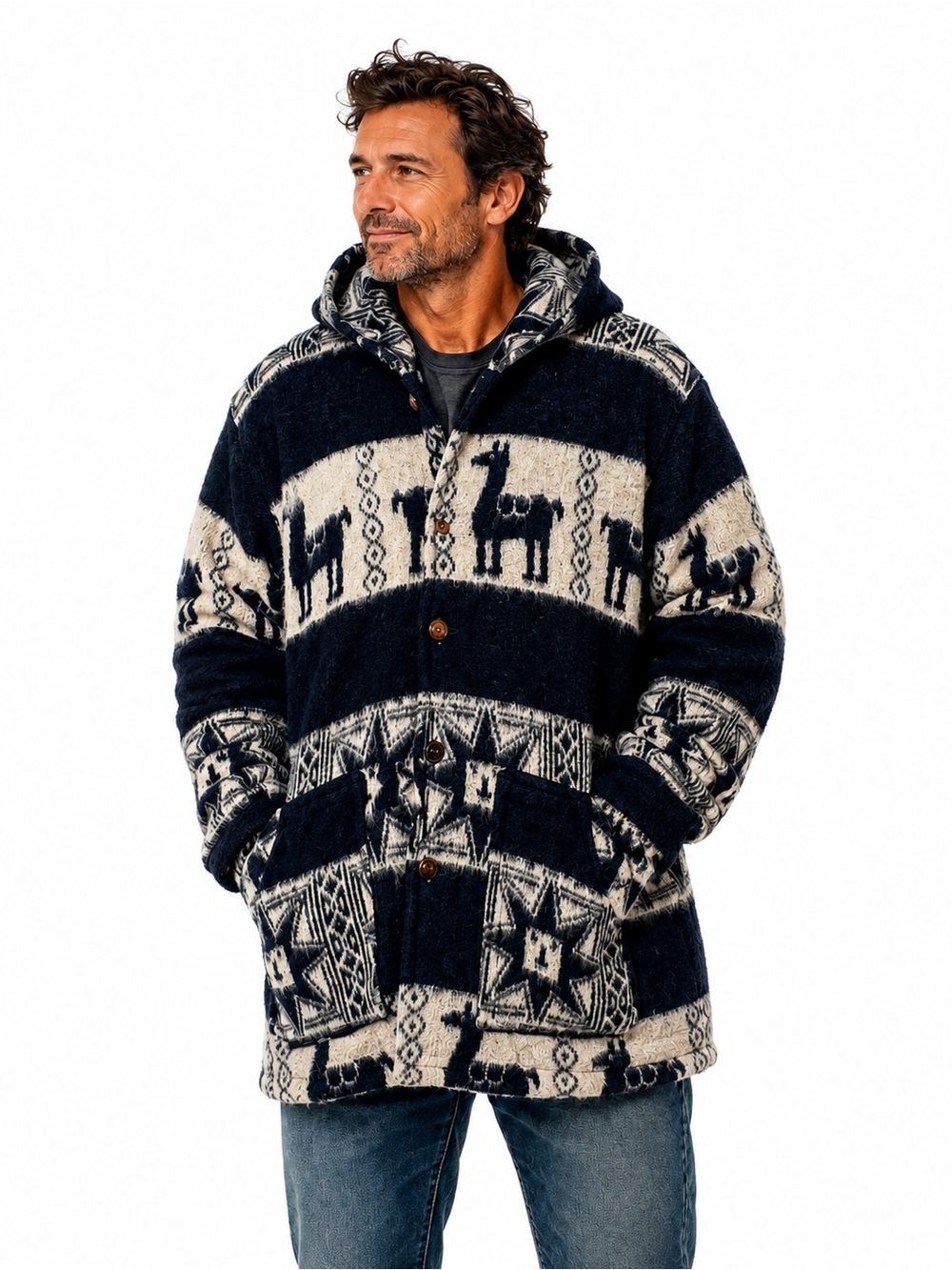 Vintage Handmade Alpaca Hooded Coat Navy Beige Aztec made in Ecuador Mens L